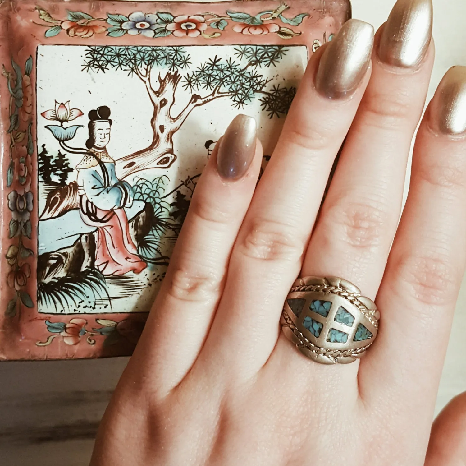 Vintage Turquoise Inlay Ring, Southwestern, Boho, Silver, Wide Band, Statement Ring, Ring Size 9,