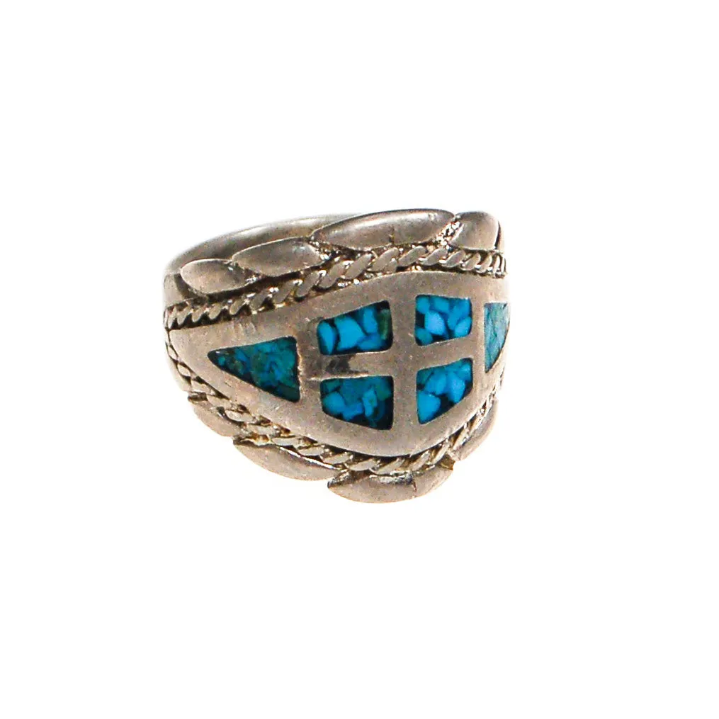Vintage Turquoise Inlay Ring, Southwestern, Boho, Silver, Wide Band, Statement Ring, Ring Size 9,