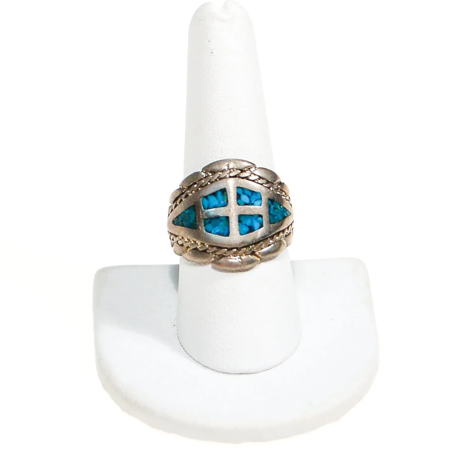 Vintage Turquoise Inlay Ring, Southwestern, Boho, Silver, Wide Band, Statement Ring, Ring Size 9,