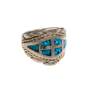 Vintage Turquoise Inlay Ring, Southwestern, Boho, Silver, Wide Band, Statement Ring, Ring Size 9,