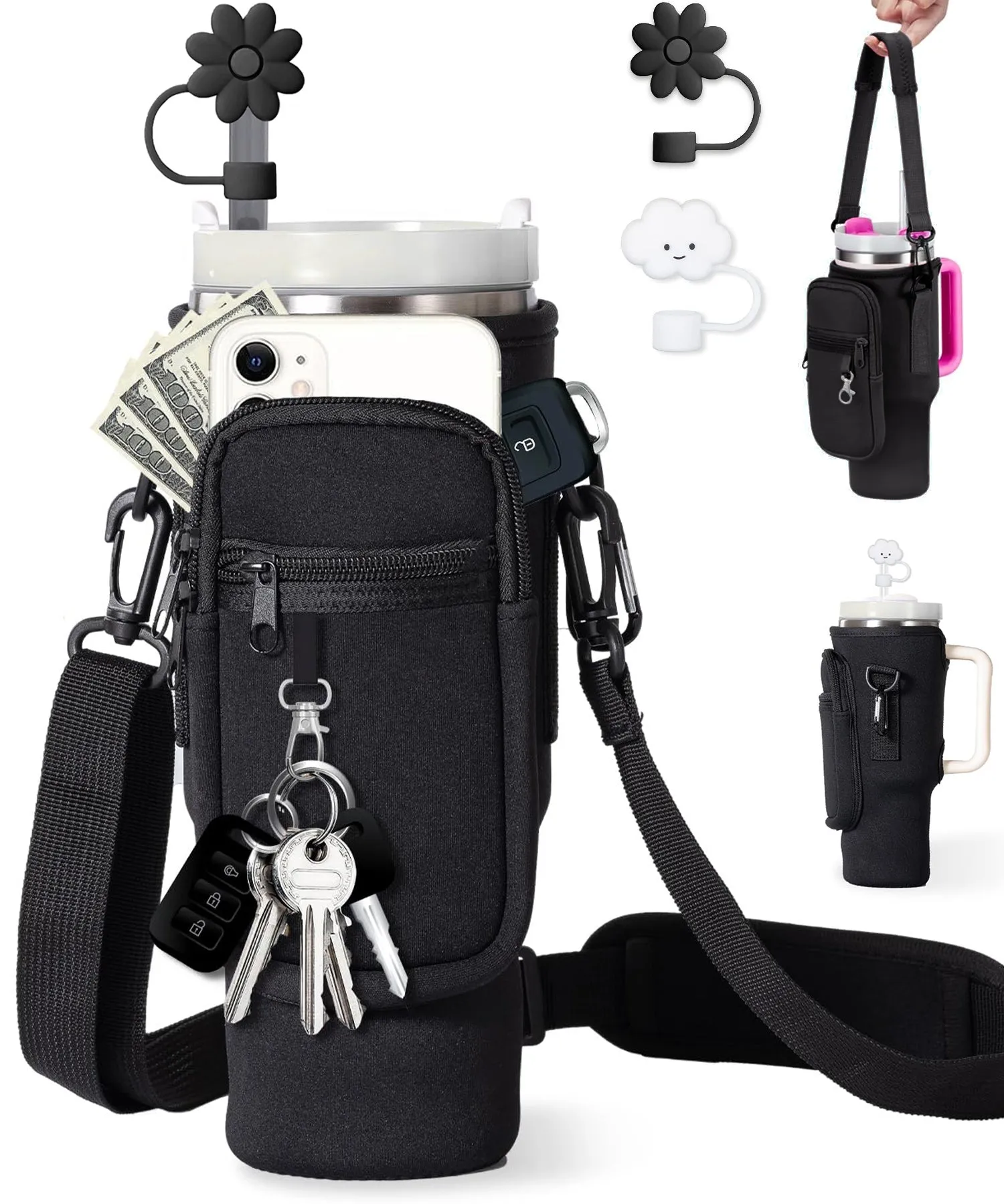 Water Bottle Carrier Bag With Phone Pocket For  Tumbler Neoprene Water Bottle Holder Pouch With Adjustable Strap Bollus With Straw Cover & Carabiner For  Cup Accessories Drinkware Mug