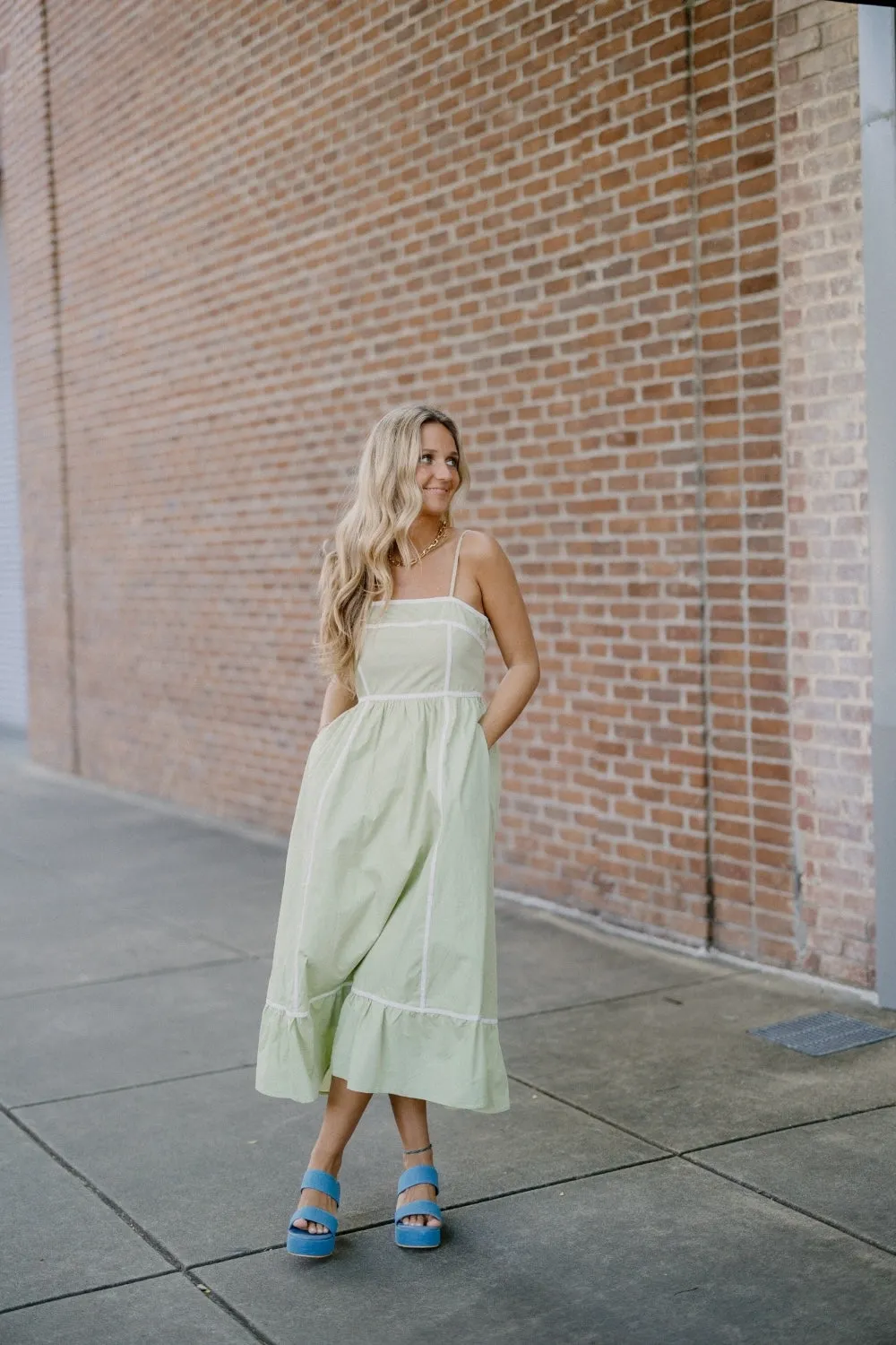 Waverly White Trim Sage Dress