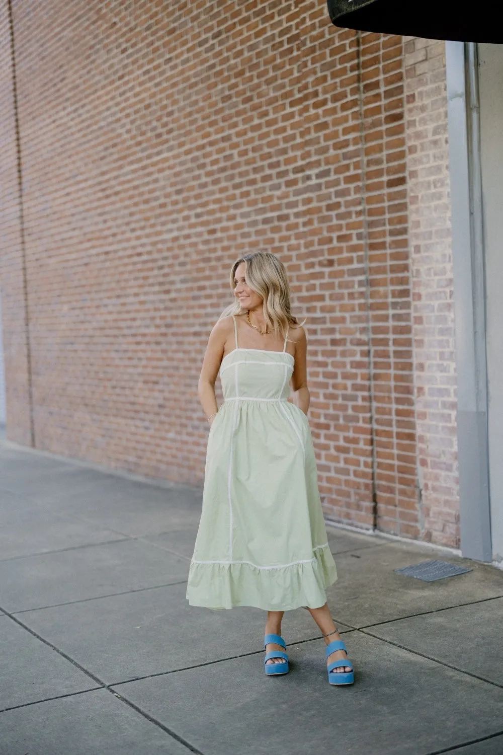 Waverly White Trim Sage Dress