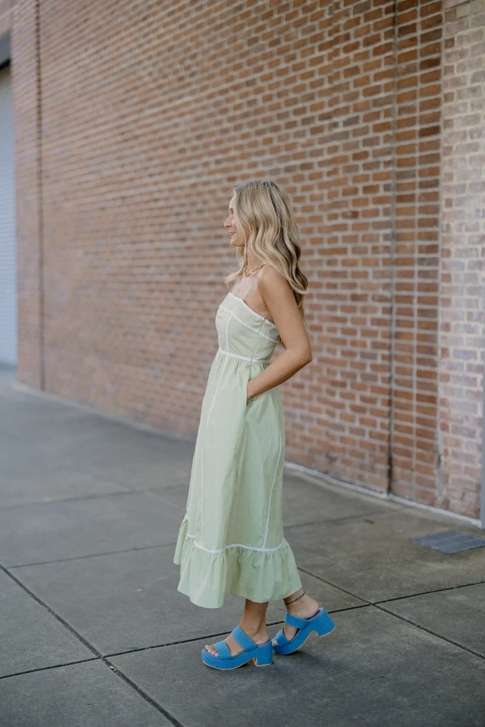 Waverly White Trim Sage Dress