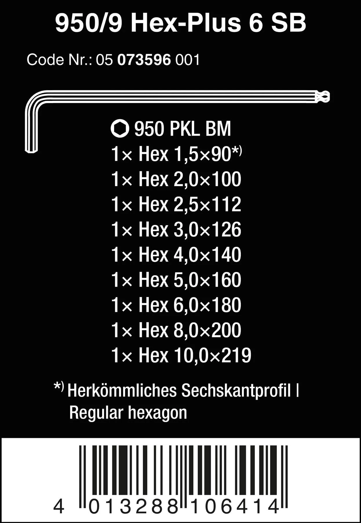 Wera Hex Key Set 950/9 Hex Plus 6 SB L-Key Set Metric BlackLaser 9 Piece 1.5-10mm