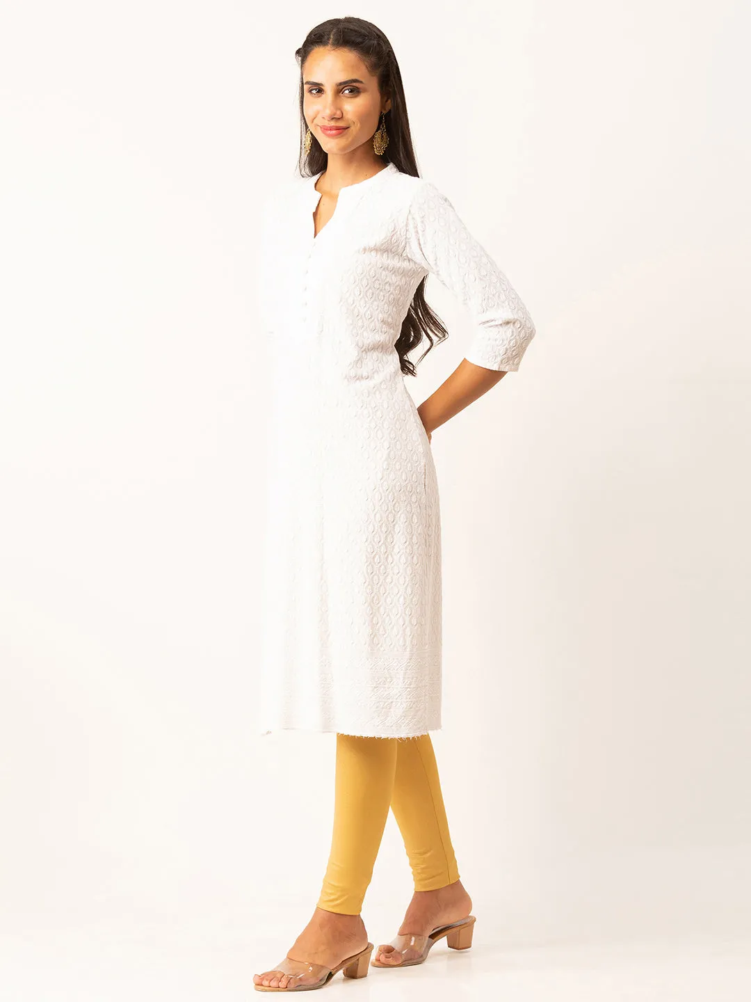 White Rayon Band Collar 3/4th Sleeves Chikankari Embroidery Ethnic Wear Kurta For Women - ZOLA