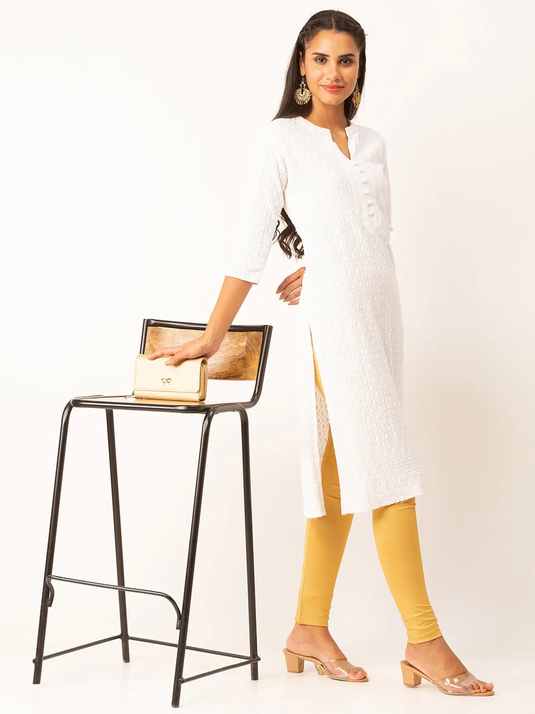 White Rayon Band Collar 3/4th Sleeves Chikankari Embroidery Ethnic Wear Kurta For Women - ZOLA