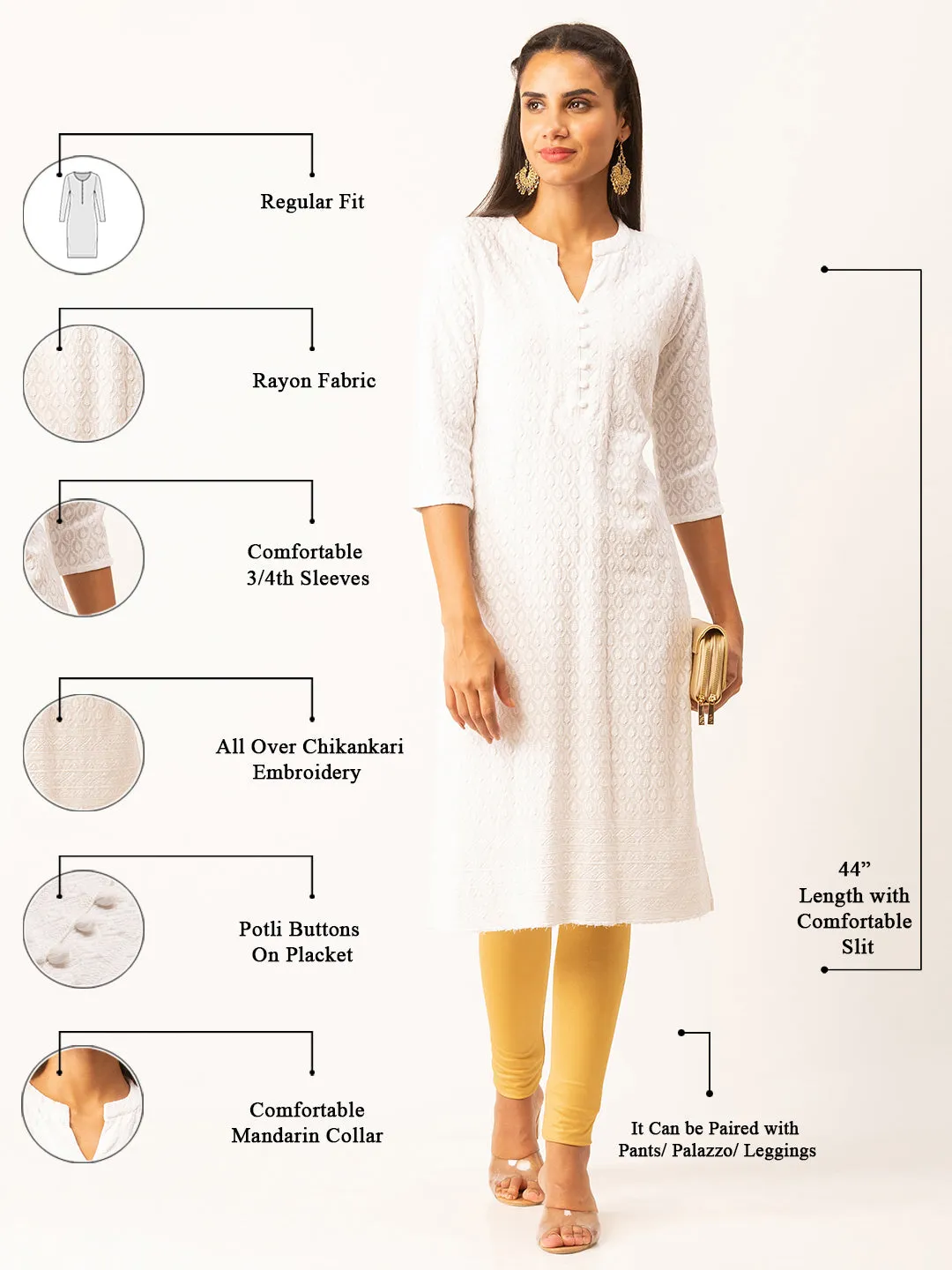 White Rayon Band Collar 3/4th Sleeves Chikankari Embroidery Ethnic Wear Kurta For Women - ZOLA