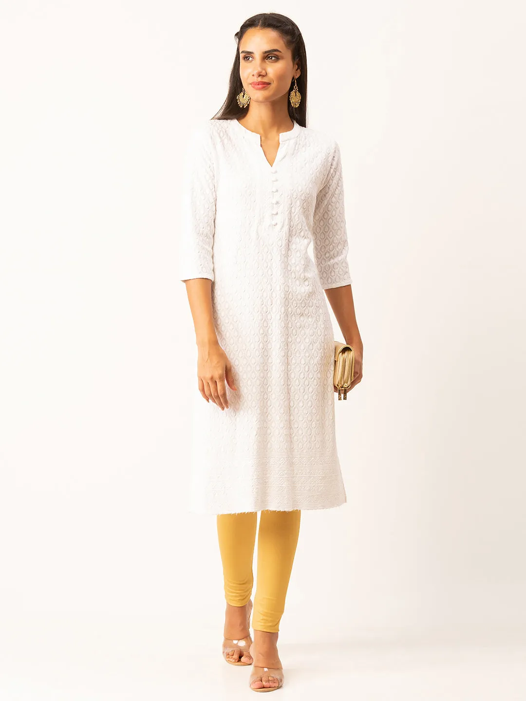 White Rayon Band Collar 3/4th Sleeves Chikankari Embroidery Ethnic Wear Kurta For Women - ZOLA