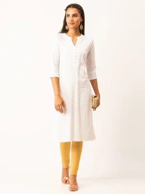 White Rayon Band Collar 3/4th Sleeves Chikankari Embroidery Ethnic Wear Kurta For Women - ZOLA