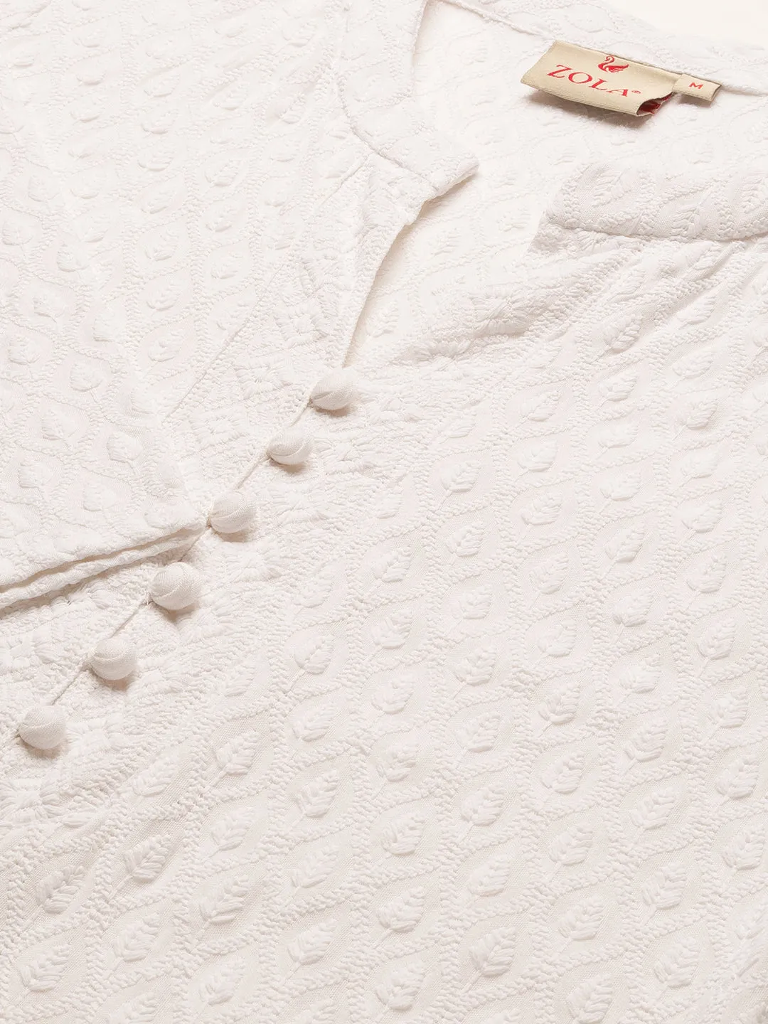 White Rayon Band Collar 3/4th Sleeves Chikankari Embroidery Ethnic Wear Kurta For Women - ZOLA