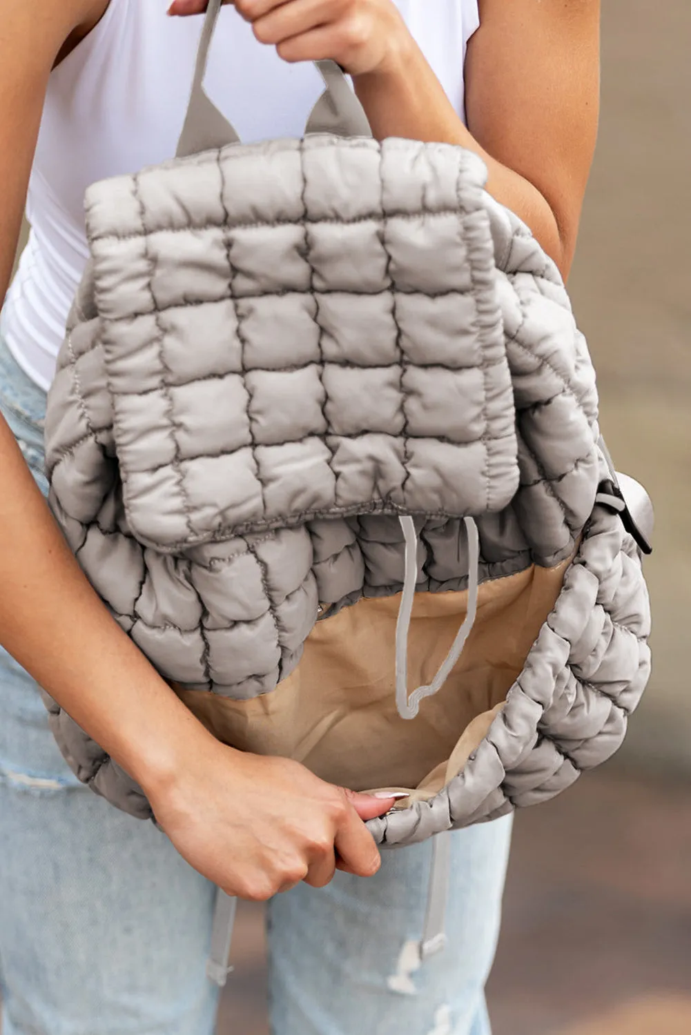 White Solid Flapped Quilted Puffer Backpack