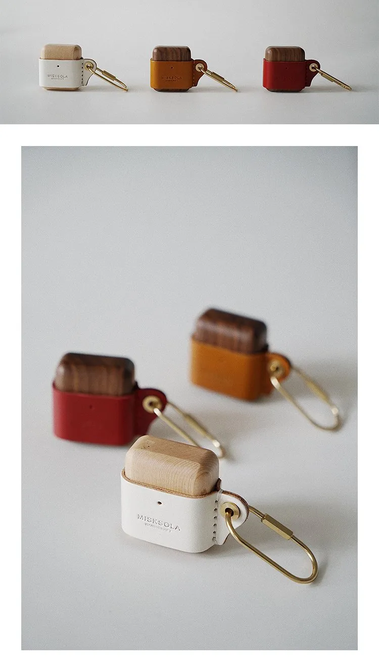 White Wood Leather AirPods Pro Case with Clip Strap Leather 1,2 AirPods Case Airpod Case Cover