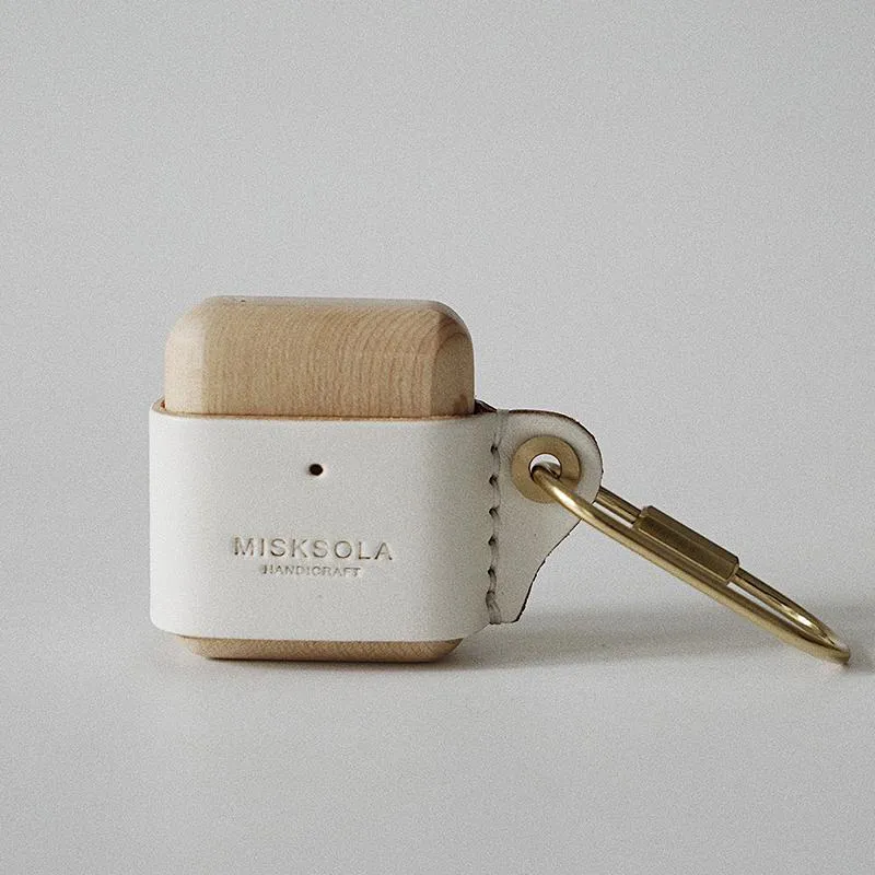 White Wood Leather AirPods Pro Case with Clip Strap Leather 1,2 AirPods Case Airpod Case Cover