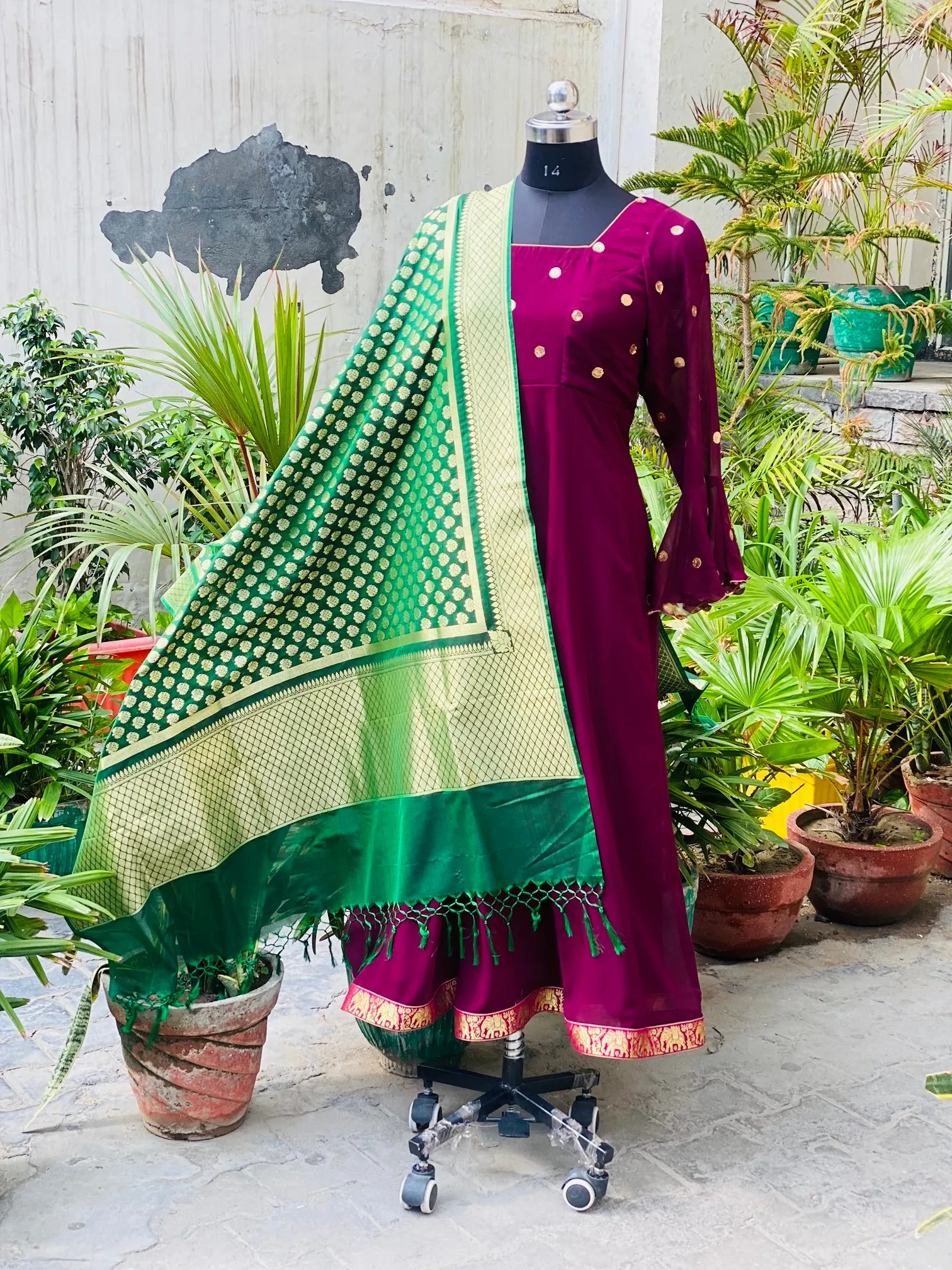 Wine Anarkali With Banarasi Dupatta