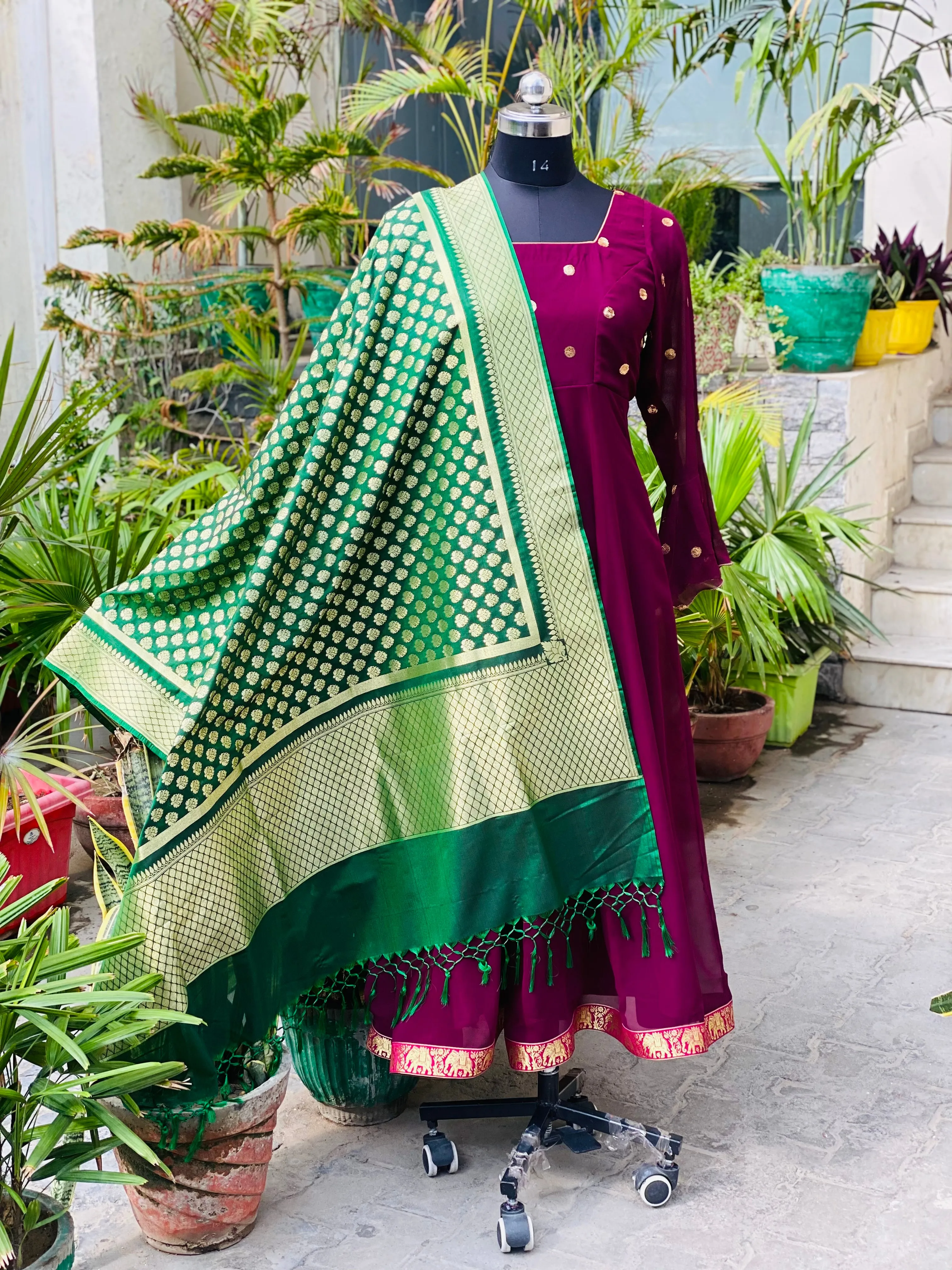 Wine Anarkali With Banarasi Dupatta