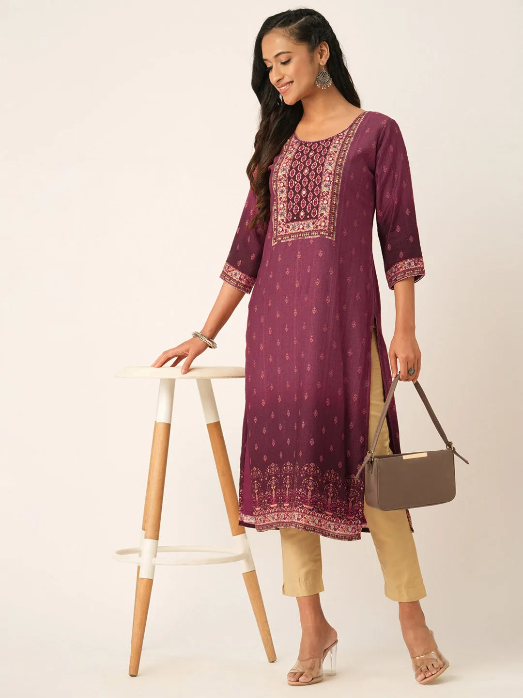 Wine Comfort Fit Muslin Kurta for Women Online in India - Zola