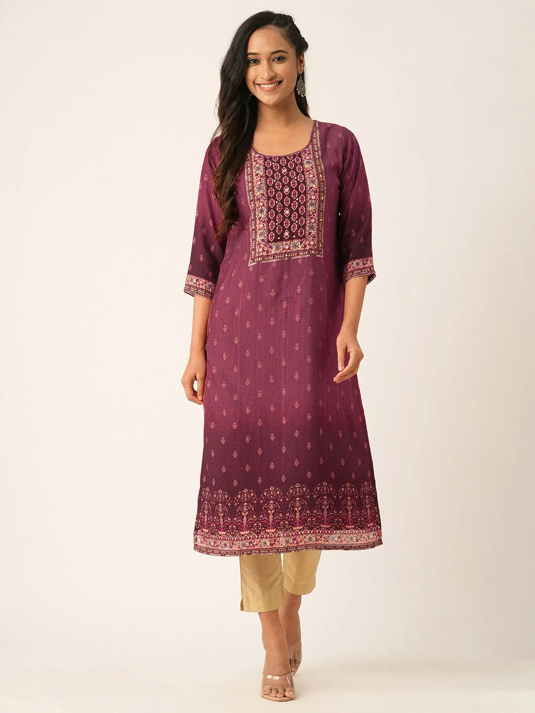 Wine Comfort Fit Muslin Kurta for Women Online in India - Zola