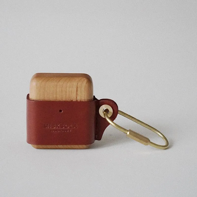 Wine Wood Leather AirPods 1,2 Case with Clip Strap Leather Pro AirPods Case Airpod Case Cover