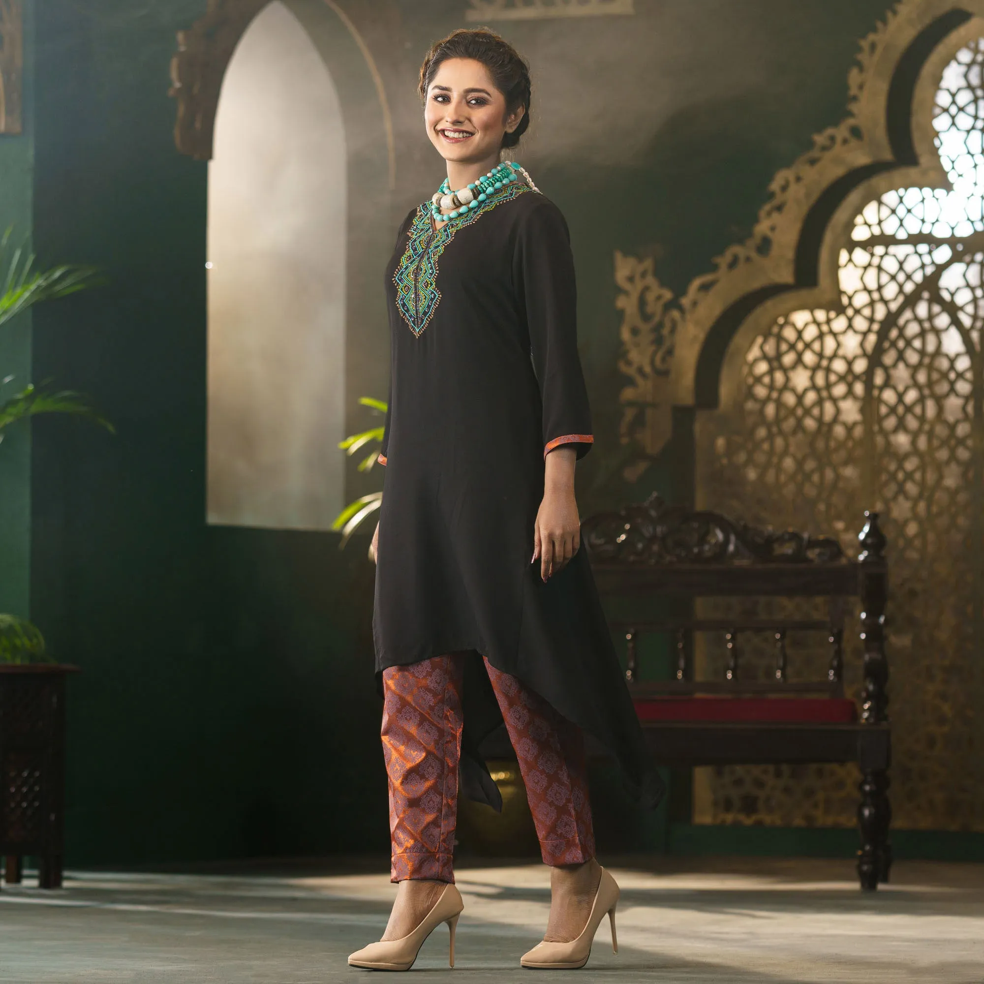Women Black Embroidered Ethnic Set