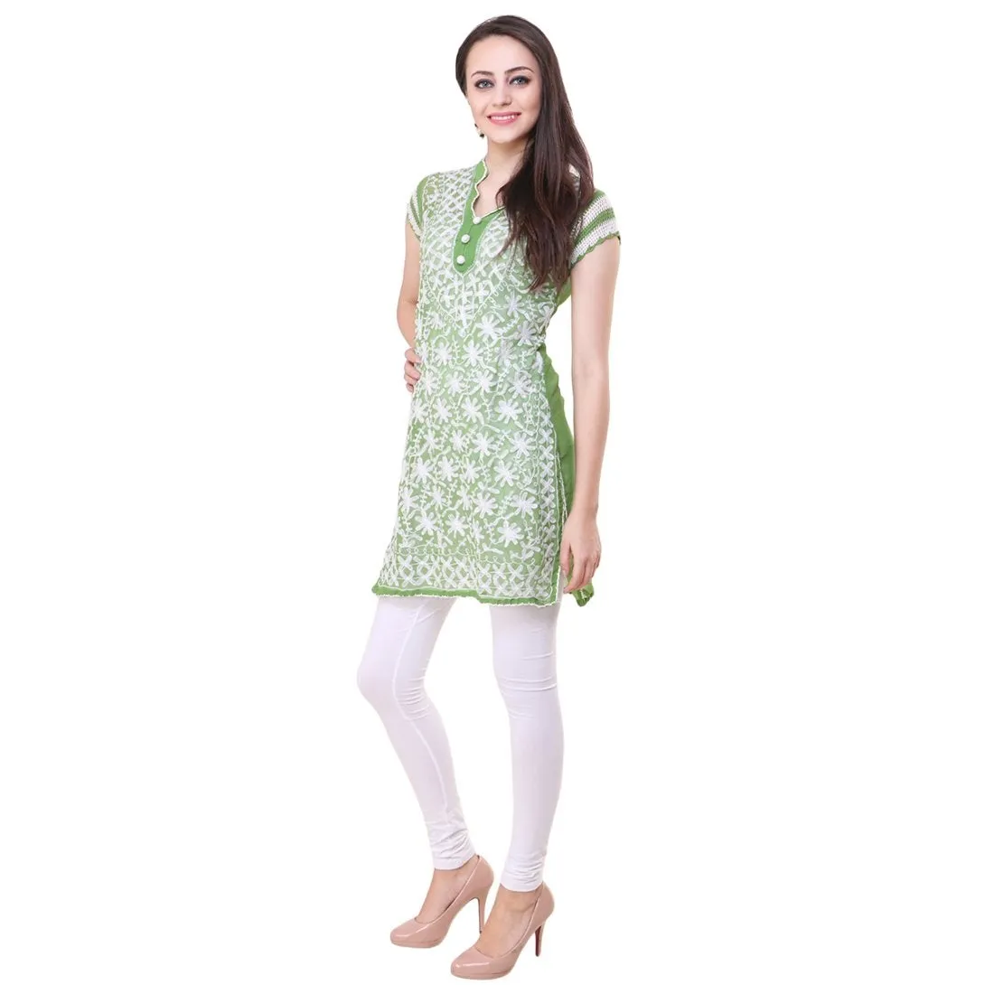 Women Lucknow Chikan Georgette Green Kurti
