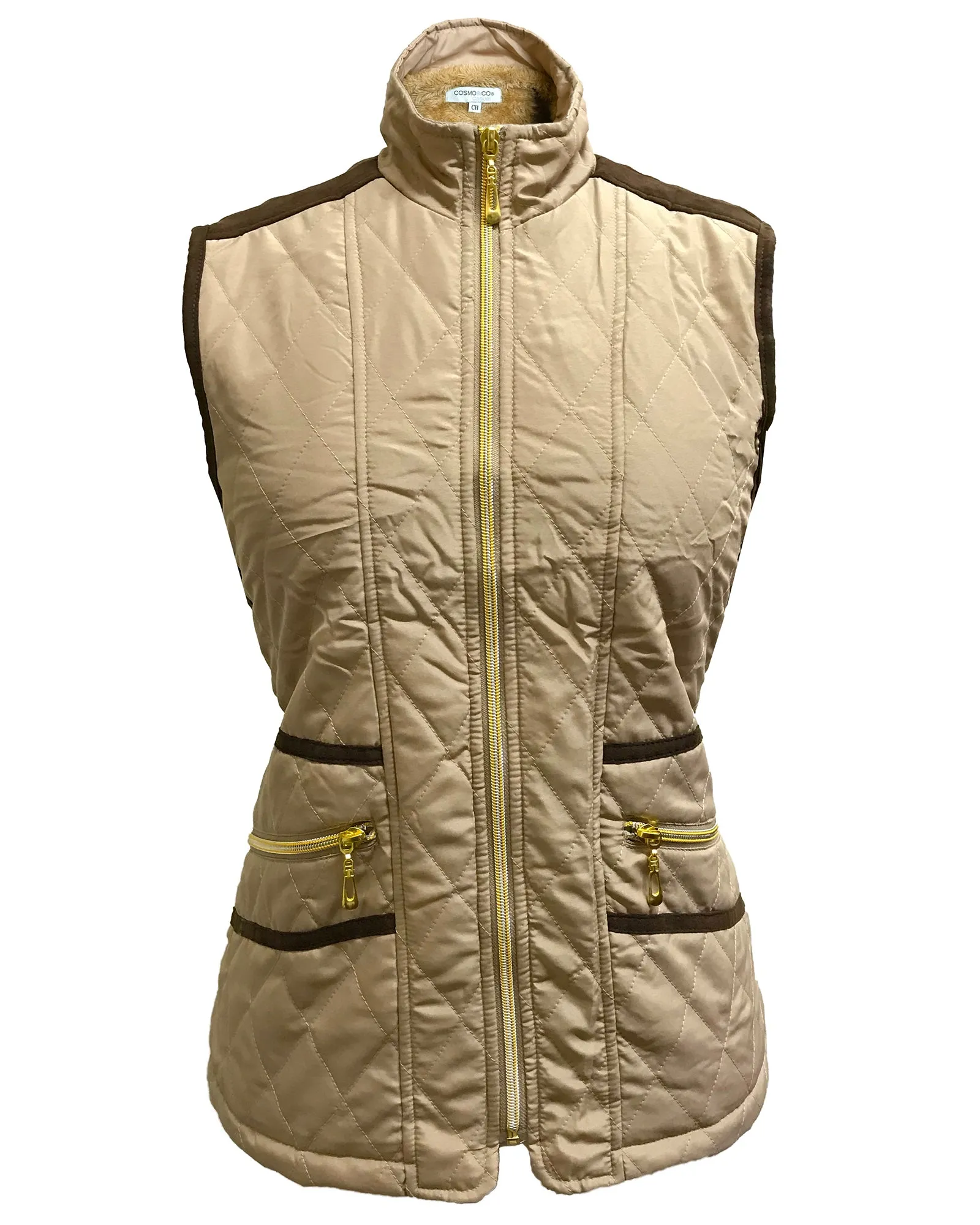 Women Quilted Fur-lined Zipped Bodywarmer - Beige