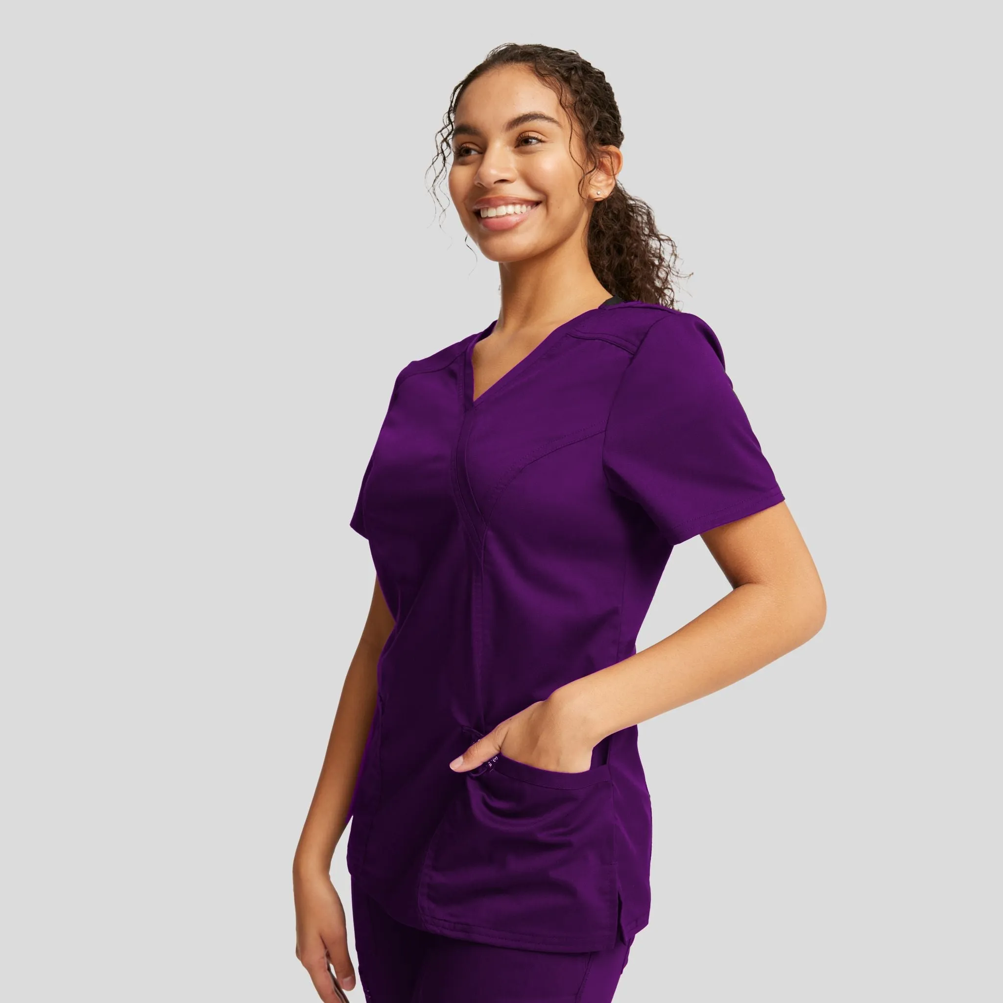 Women's Mock Wrap Solid Scrub Top | Eggplant
