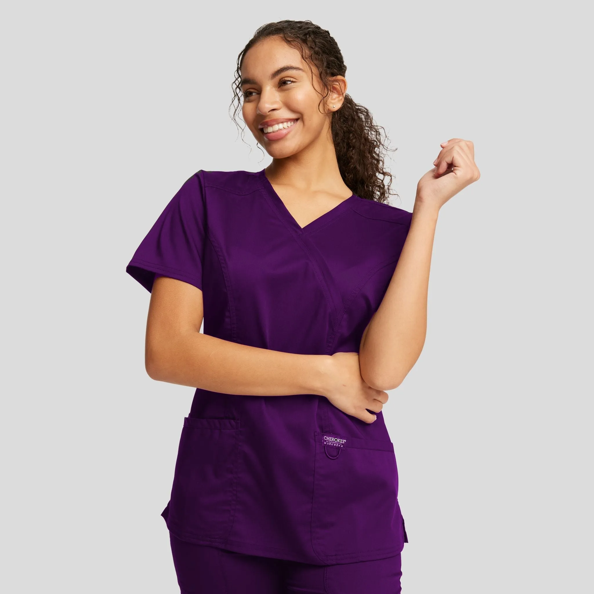 Women's Mock Wrap Solid Scrub Top | Eggplant