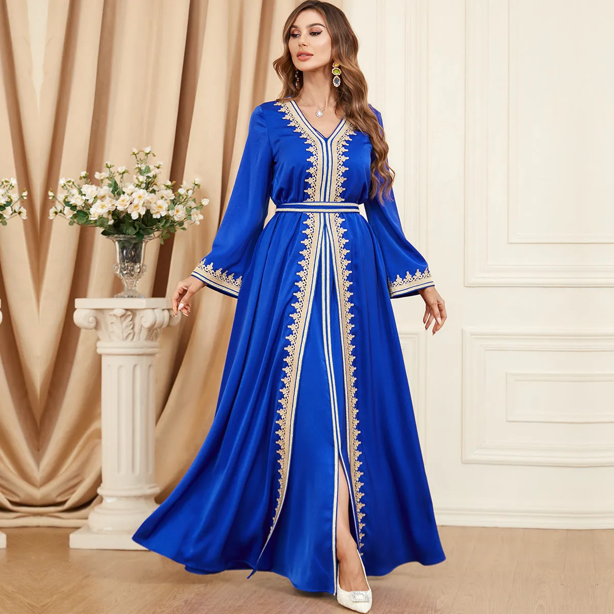 Women's Regal Long Sleeve Maxi Dress with Gold Trim