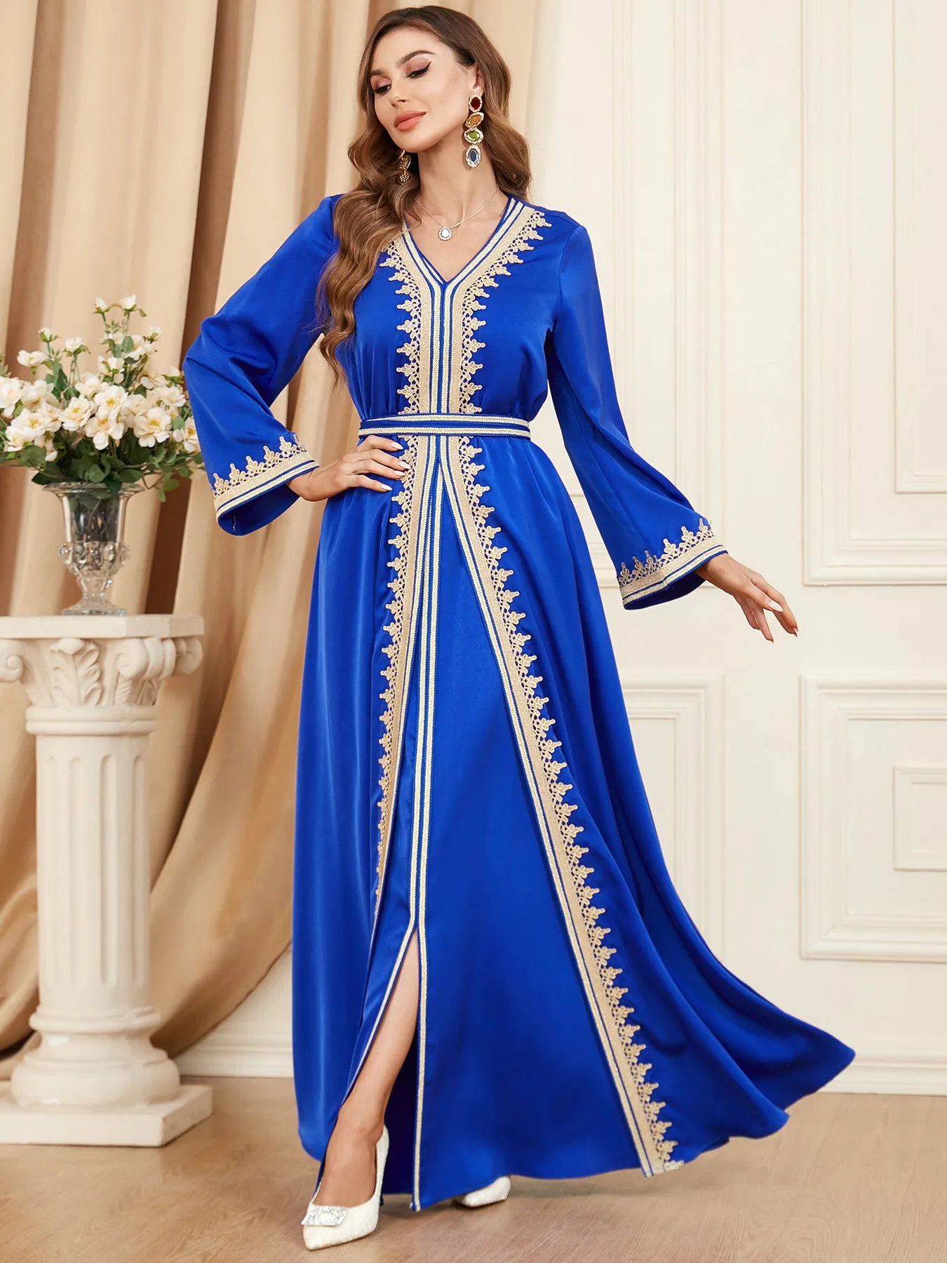 Women's Regal Long Sleeve Maxi Dress with Gold Trim