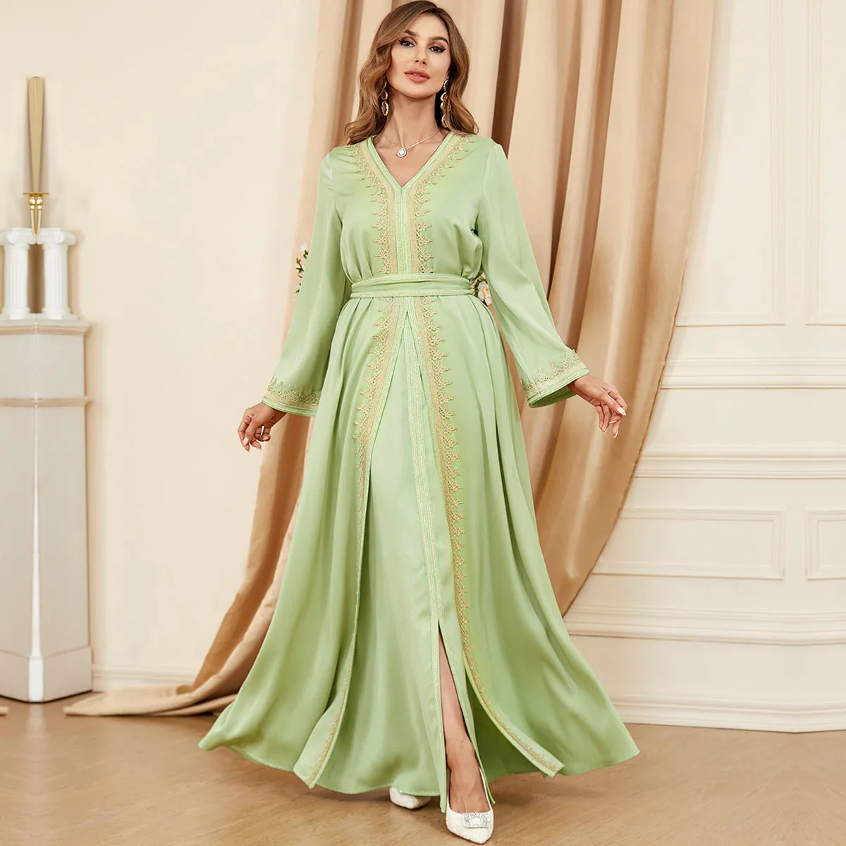 Women's Regal Long Sleeve Maxi Dress with Gold Trim