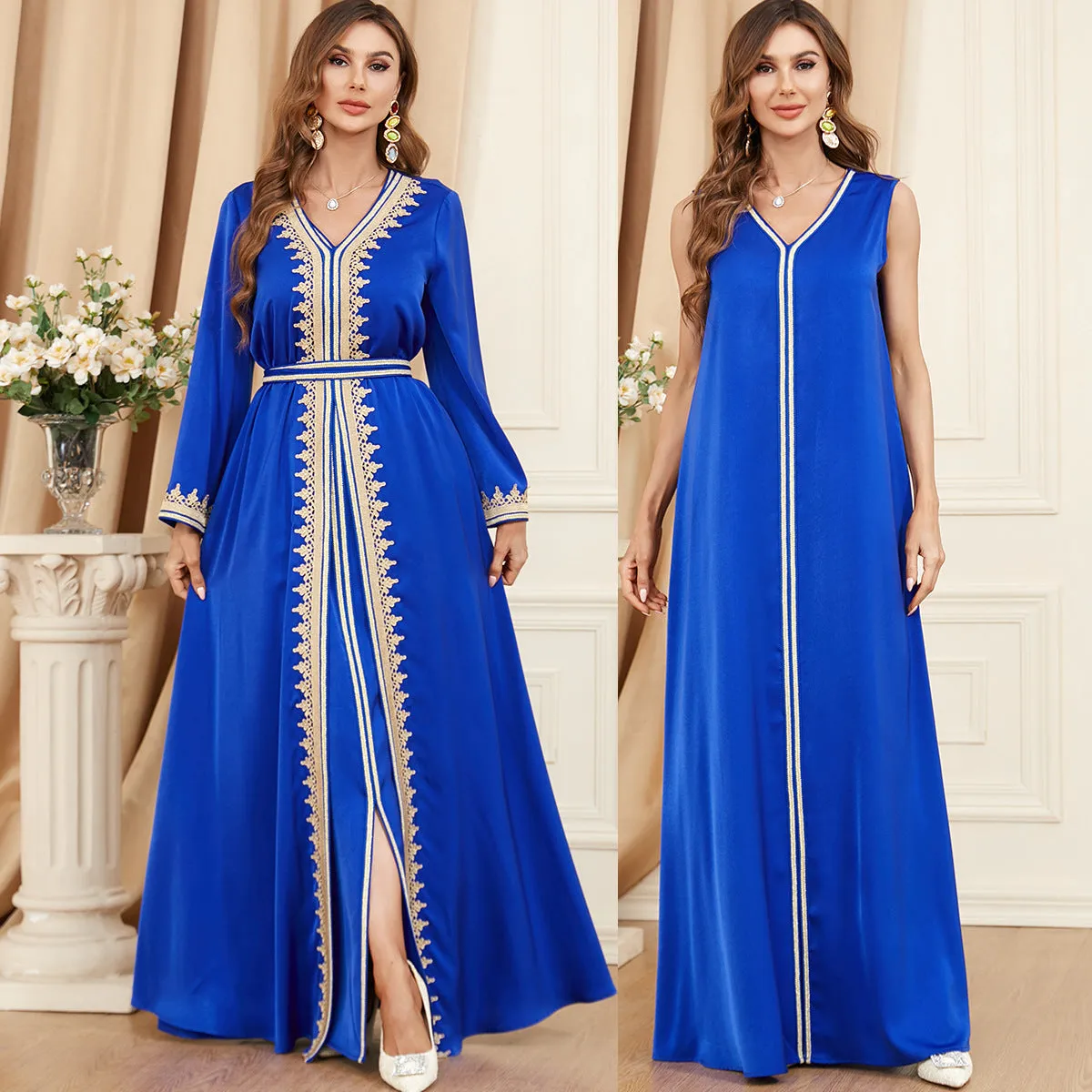 Women's Regal Long Sleeve Maxi Dress with Gold Trim
