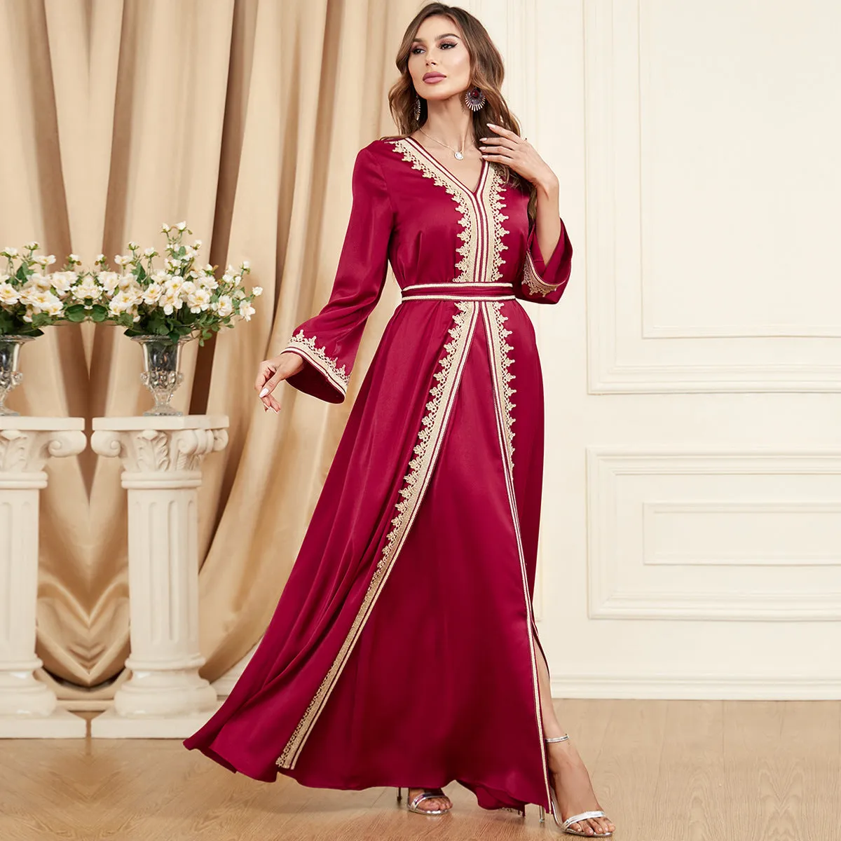 Women's Regal Long Sleeve Maxi Dress with Gold Trim