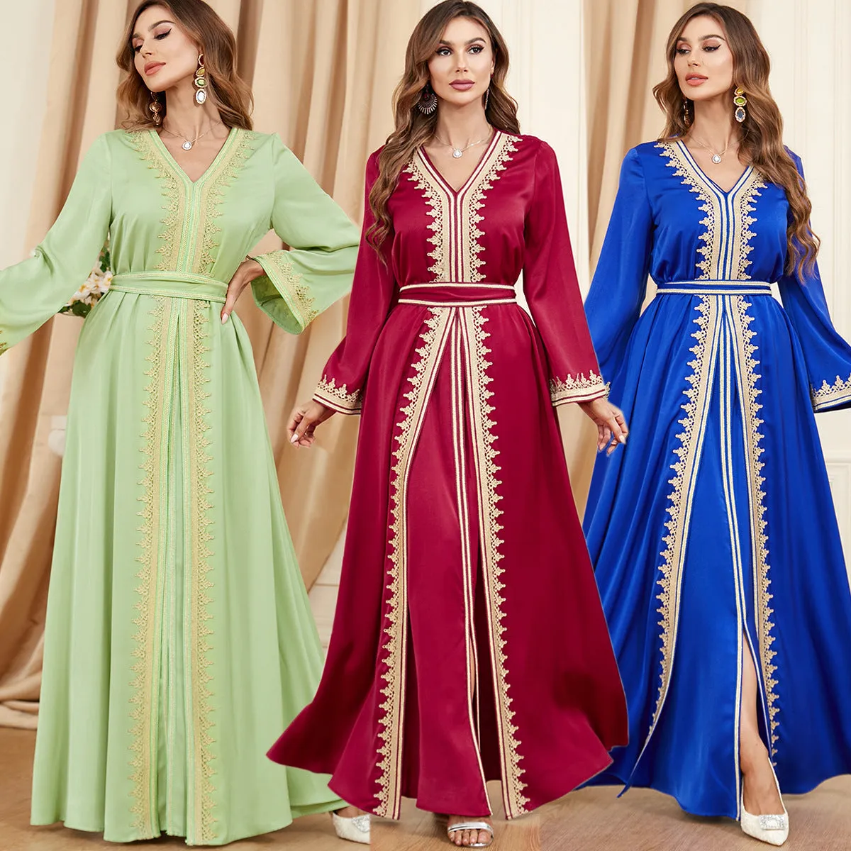Women's Regal Long Sleeve Maxi Dress with Gold Trim