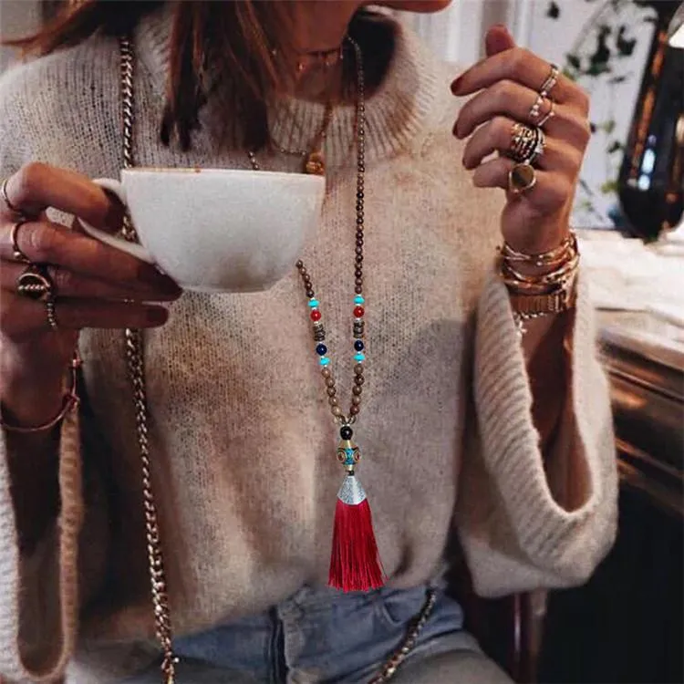 Women's Retro Ethnic Style Handmade Beaded Pendant Necklace - Multi-color Tassel