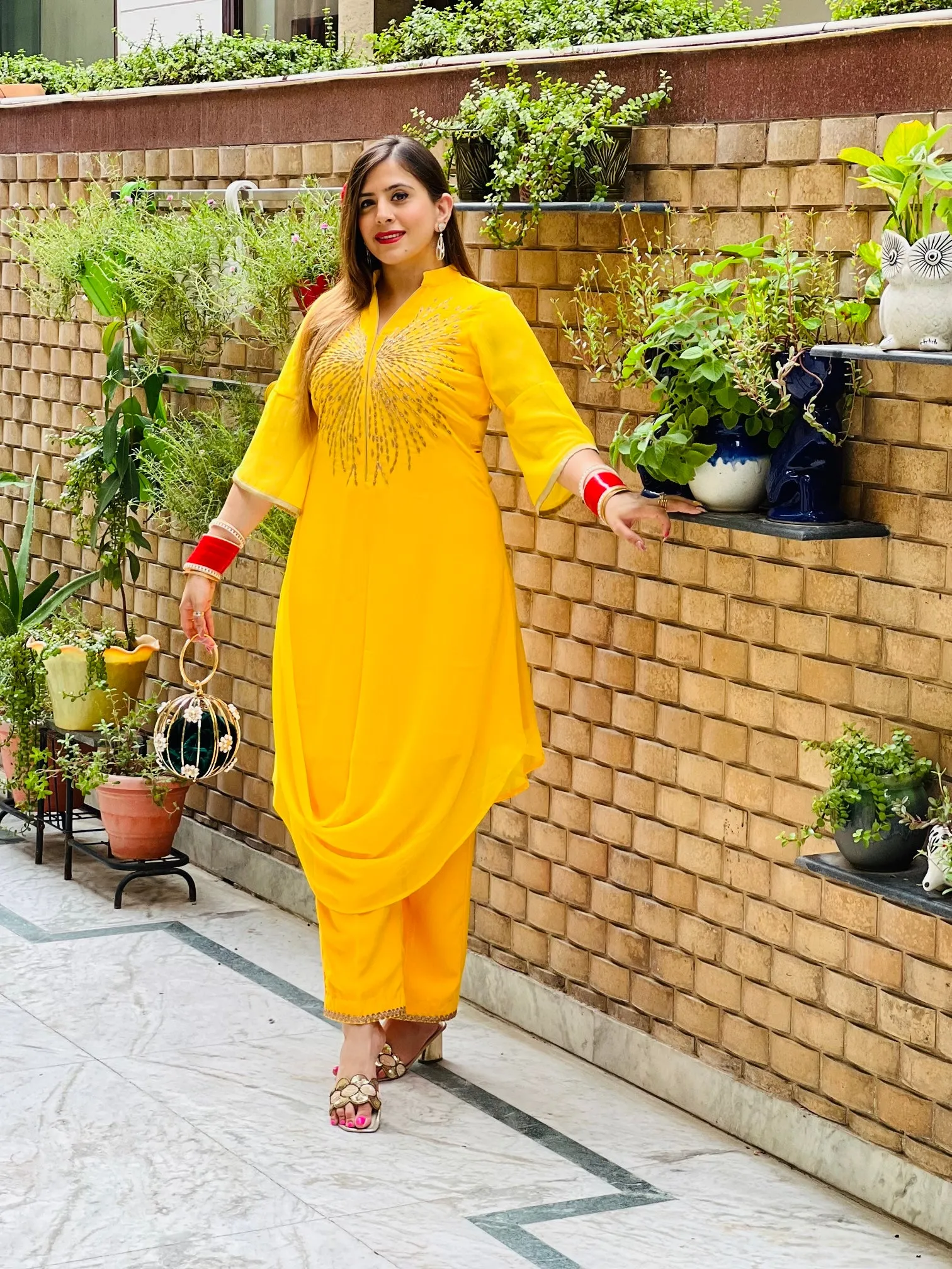 Yellow Embroidered Drape Suit