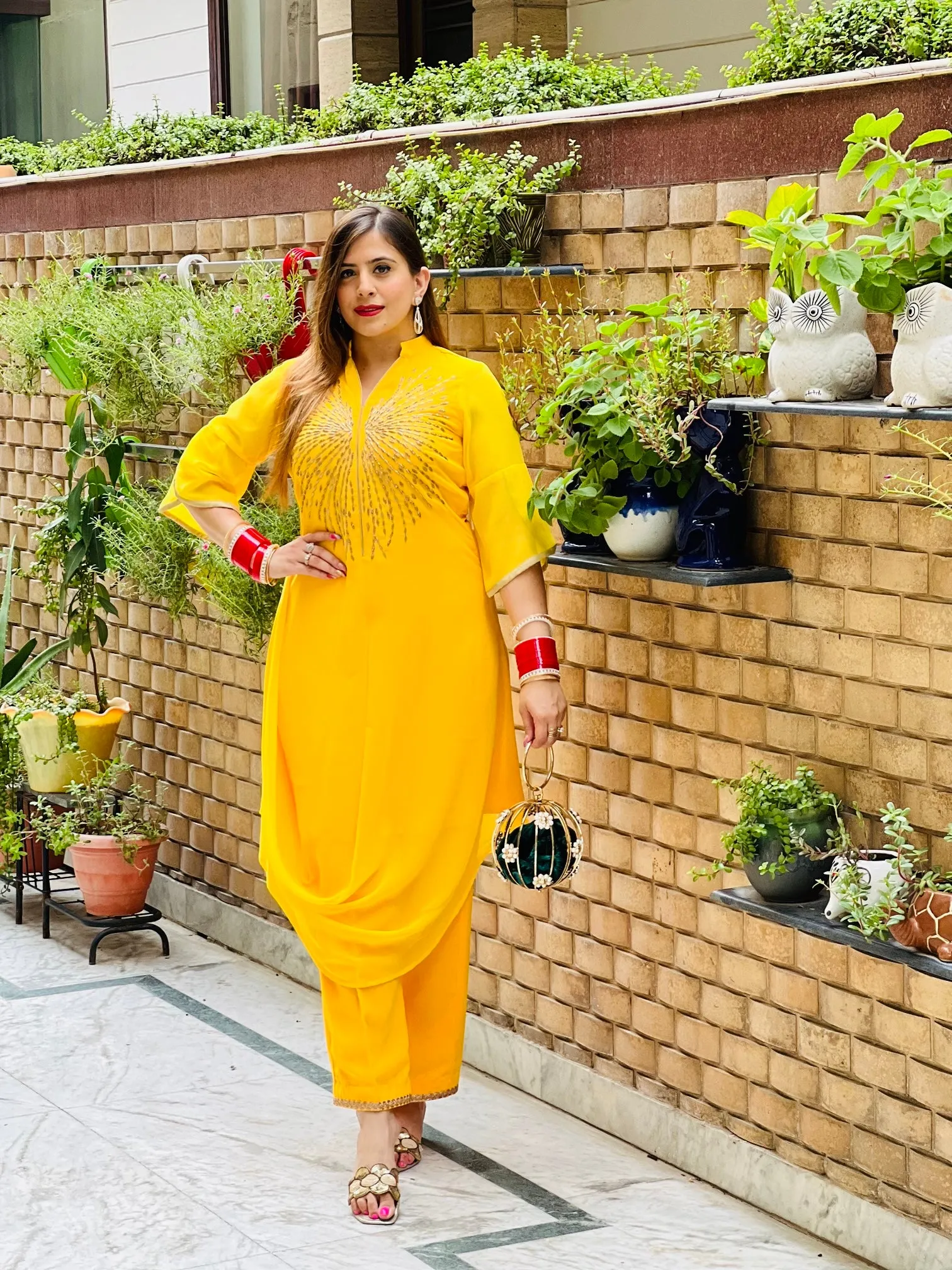 Yellow Embroidered Drape Suit