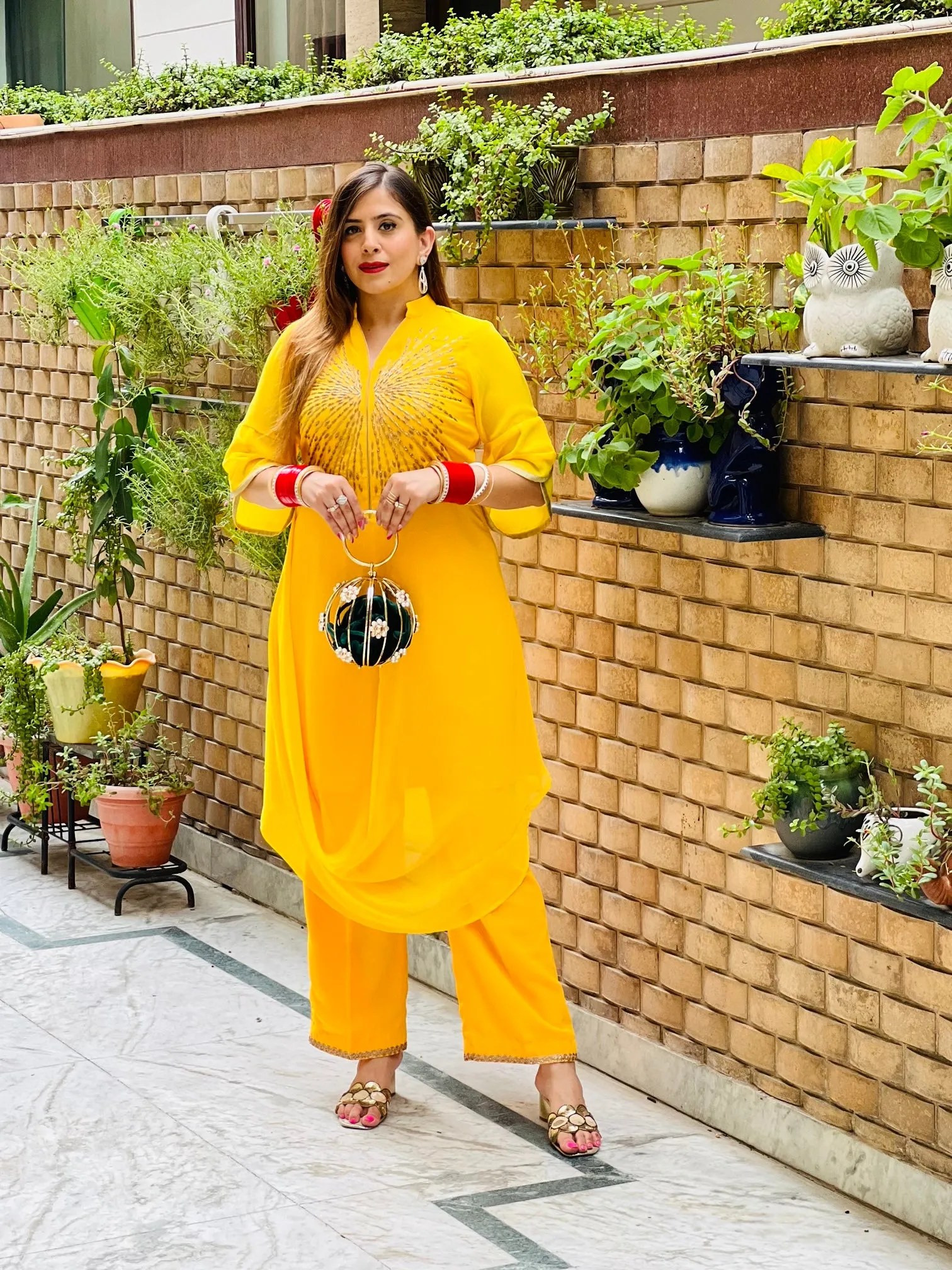 Yellow Embroidered Drape Suit