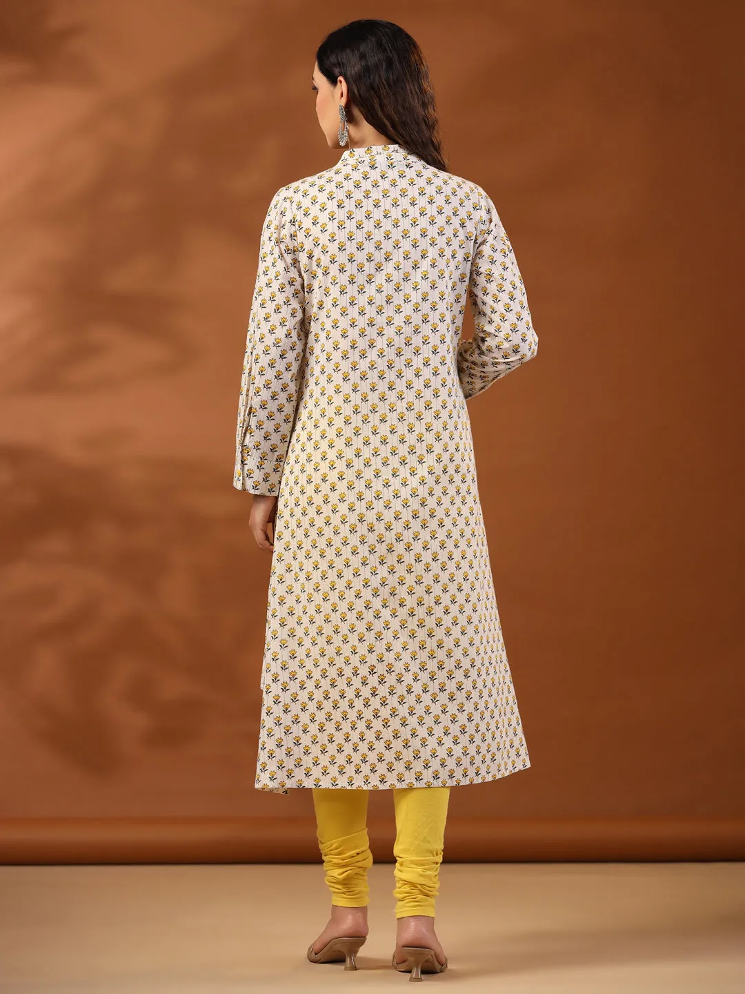 Yellow Ethnic Printed Cotton Lurex Kurta