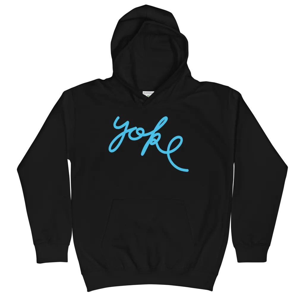 Yoke Script Kids Black Hoodie (Blue)