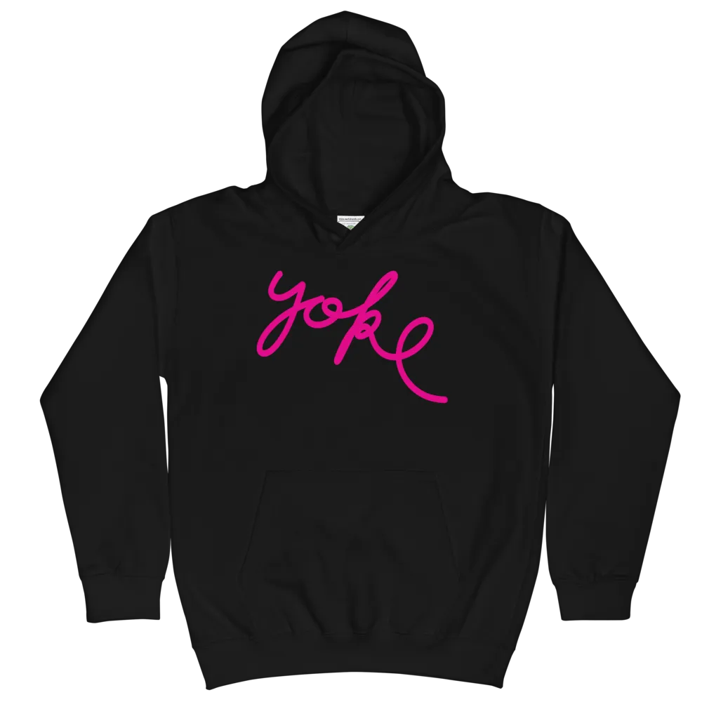 Yoke Script Kids Black Hoodie (Pink)